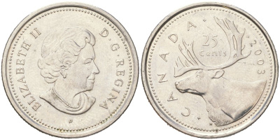 Канада 25 центов 2003 P, Елизавета II, олень KM 493 сталь плакированная никель aUNC 4143-353