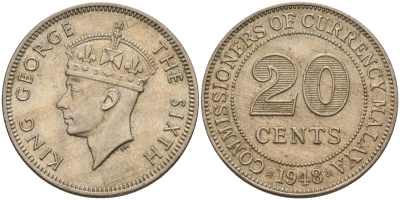Британская Малайя 20 центов 1948 Георг VI (1937-1952) KM 9 медно-никель 4153-531