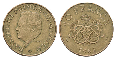 Монако 10 франков 1982 Ренье III (1949-2005) KM 154 медь никель алюминий 4681-343