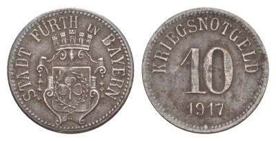 Фюрт в Баварии 10 пфеннигов 1917 Funck 145.3, Men05 8540.9, Men18 10637.9 железо 4636-1163