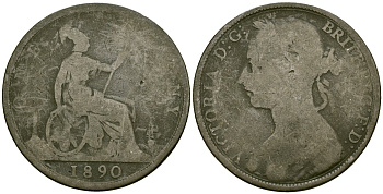 Великобритания 1 пенни 1890 королева Виктория (1837-1901) KM 755, Spink 3954 бронза 4120-744