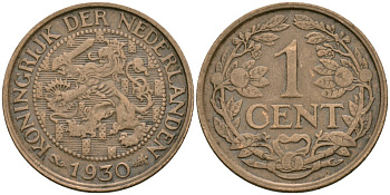 Нидерланды 1 цент 1930 Вильгельмина (1890-1948) KM 152 бронза 4576-1127