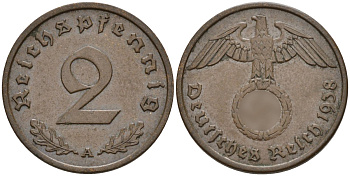 Германия 2 рейхспфеннига 1938 A KM 90, J. 362 бронза 4147-1263