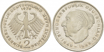 ФРГ 2 МАРКИ 1974 J, ТЕОДОР ХОЙС KM 127, J. 407 медно-никель плакированный никелем 3718-1116