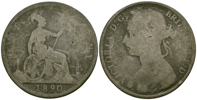 Великобритания 1 пенни 1890 королева Виктория (1837-1901) KM 755, Spink 3954 бронза 4120-744