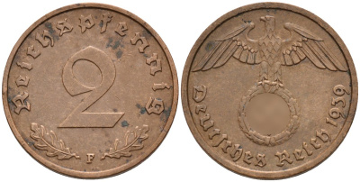 Германия 2 рейхспфеннига 1939 F KM 90, J. 362 бронза 4151-146