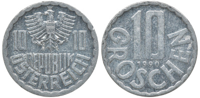 АВСТРИЯ 10 ГРОШЕЙ 1990 KM 2878 алюминий 72-1412