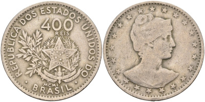 Бразилия 400 рейс 1901 голова свободы вправо KM 505 медно-никель 4367-223