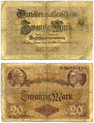 Германия 20 марок 1914 5 августа 1914, номер шестизначный, серия К Pick 48, Роземберг 49а бумага G 6280-25-1-2