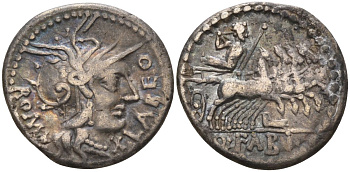 Римская Республика денарий 124 г. до н.э. монетарий Кв. Флабий Лабеон, ROMA X LABEO, голова Ромы в шлеме, X (обозначение номинала) / Q FABI, Юпитер в квадриге, Рим, 3,82 гр Cr. 307/1d; Syd. 566 серебро 1073-9-33