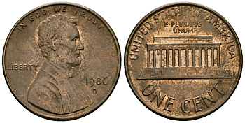 США 1 цент 1986 D, Линкольн KM 201b цинк плакированный медью 4136-267