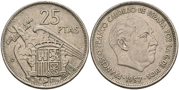 Испания 25 песет 1957 (74) Франсиско Франко (1939-1975) KM 787 медно-никель 4572-1032