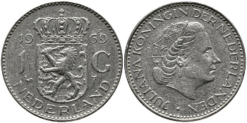 Нидерланды 1 гульден 1969 Юлиана (1948-1980) KM 184a никель 34-215