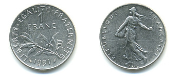 ФРАНЦИЯ 1 ФРАНК 1991 СЕЯТЕЛЬ KM 925.1 никель 57-336