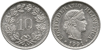 ШВЕЙЦАРИЯ 10 РАППЕНОВ 1991 В KM 27 медно-никель 4539-533