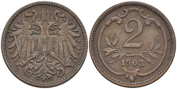 АВСТРИЯ 2 ГЕЛЛЕРА 1903 ФРАНЦ ИОСИФ (1846-1918) KM 2801 бронза 201-954