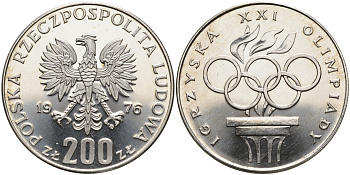 Польша 200 злотых 1976 MW, XXI олимпийские игры 1976 года в Монреале, кольца KM 86, Parchimowicz 306а серебро UNC 88-613