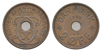 Дания 2 эре 1939 N, Кристиан X (1912-1947) KM 827 бронза 4658-255