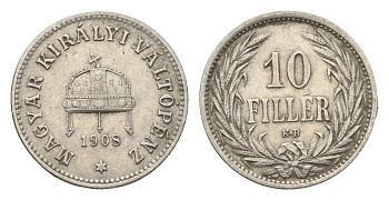 Венгрия 10 филлеров 1908 KB, Франц Иосиф I (1848-1916) KM 482 никель 4665-723