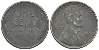 США 1 цент 1943 Авраам Линкольн KM 132 a сталь покрытая цинком 214-735