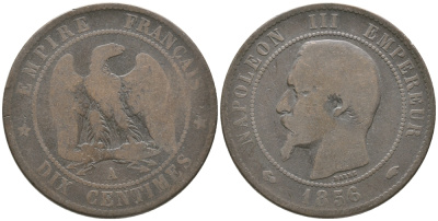 Франция 10 сантимов 1856 A, Наполеон III (1852-1870) KM 771.1, Le Franc 133.32 бронза 51-2733