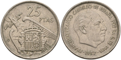 Испания 25 песет 1957 (74) Франсиско Франко (1939-1975) KM 787 медно-никель 4572-1032