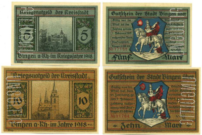 БИНГЕН-НА-РЕЙНЕ, ГЕРМАНИЯ НАБОР ИЗ 2 БАНКНОТ 1918-1919 25 ОКТЯБРЯ 1918 - 1 ФЕВРАЛЯ 1919, НОТГЕЛЬД, ЗЕМЛЯ ГЕССЕН (5 И 10 МАРОК) Geiger 047.01, 047.02 бумага UNC (ПРЕСС) 8613-16-1