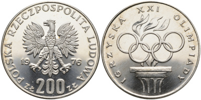 Польша 200 злотых 1976 MW, XXI олимпийские игры 1976 года в Монреале, кольца KM 86, Parchimowicz 306а серебро UNC 88-613