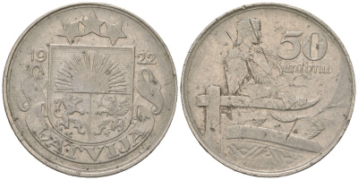Латвия 50 сантимов 1922 первая Республика (1918-1939) KM 6 никель 92-144