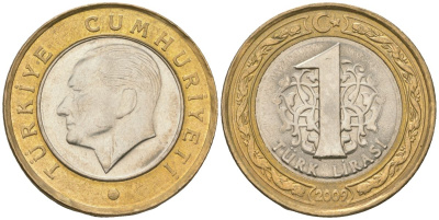 Турция 1 лира 2009 Кемаль Ататюрк KM 1244 биметалл  4610-1153