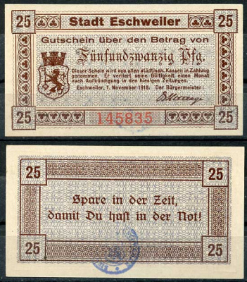 Германия, Эшвайлер 25 пфеннигов 1918 нотгельд, 1.11.1918 бумага UNC (пресс) 8614-46-1-1