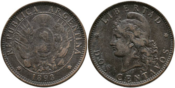 Аргентина 2 сентаво 1893 голова свободы влево KM 8 бронза 4531-1126