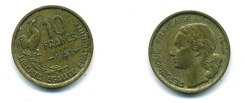 Франция 10 франков 1953 петух KM 915.1, Le Franc 363.8 алюминиевая бронза 84-557
