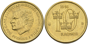 Швеция 10 крон 1991 Карл XVI Густав (1973- ) KM 877 нордик 183-1241