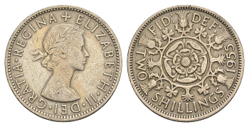 Великобритания 2 шиллинга (флорин) 1955 Елизавета II (1952-2022) KM 906, Spink 4146 медно-никель 4638-446