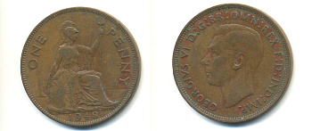 Великобритания 1 пенни 1948 Георг VI (1936-1952) KM 845, Spink 4114 бронза 89-241