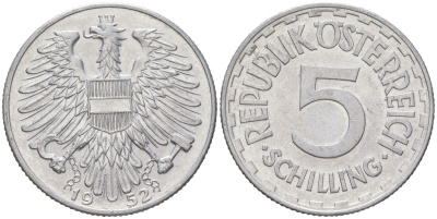 Австрия 5 шиллингов 1952 KM 2879 алюминий aUNC 189-723
