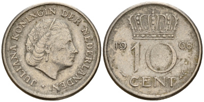 Нидерланды 10 центов 1968 Юлиана (1949-1980) KM 182 никель    4598-311