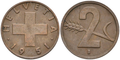 Швейцария 2 раппена 1951 В KM 47 бронза 4591-1117