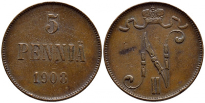 Россия для Финляндии 5 пенни 1908 Николай II (1894-1917) KM 15, Биткин 449 медь 633-133