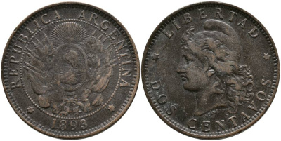 Аргентина 2 сентаво 1893 голова свободы влево KM 8 бронза 4531-1126