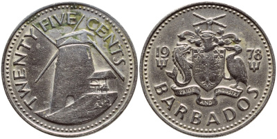 Барбадос 25 центов 1978 ветряная мельница Моргана Льюиса KM 13 медно-никель 4398-344