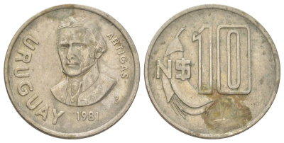 Уругвай 10 песо 1981 Хосе Хервасио Артигас KM 79, Schoen 55 медно-никель 4628-934