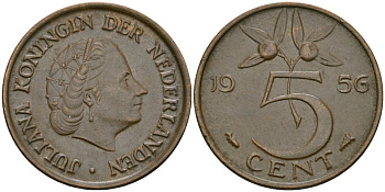 Нидерланды 5 центов 1956 Юлиана (1948-1980) KM 181 бронза 4579-617