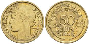 ФРАНЦИЯ 50 САНТИМОВ 1941 ТИП MORLON KM 894.1, LE FRANC 192.18 алюминиевая бронза 44-565