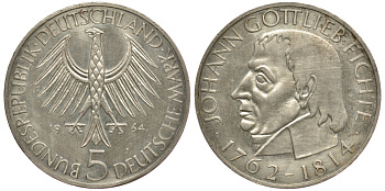 ФРГ 5 марок 1964 J, 150 лет со дня смерти Иоганна Готлиба Фихте J. 393, KM 118.1 серебро aUNC 3896-1224