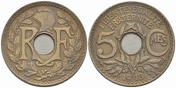 ФРАНЦИЯ 5 САНТИМОВ 1918 ТИП ЛИНДАЙЁ KM 865, LE FRANC 121.2 медно-никель 28-335