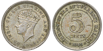 Британская Малайя 5 центов 1943 Георг VI (1937-1952) KM 3a серебро 53-128