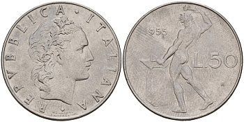 Италия 50 лир 1955 R, бог Вулкан у наковальни KM 95.1 нержавеющая сталь 4150-1233