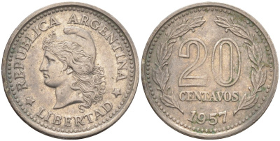 Аргентина 20 сентаво 1957 голова Свободы влево KM 55 сталь плакированная никелем 219-1224